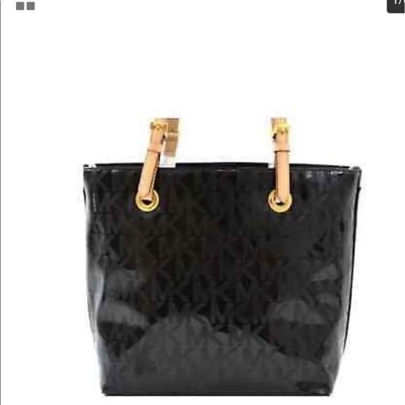 Mk michael Kors black patent leather signature jet set logo tote bag purse bag - Picture 2 of 10